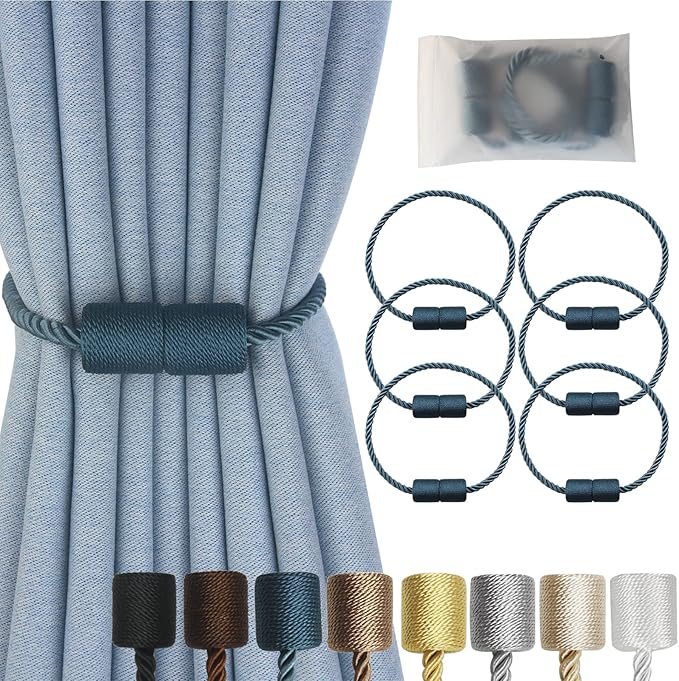 Magnetic Curtain Tiebacks 6 Pack Blue Curtain Rope Tieback Curtain Holders for Drapes Modern Tie Backs Decorative Curtain Holdbacks