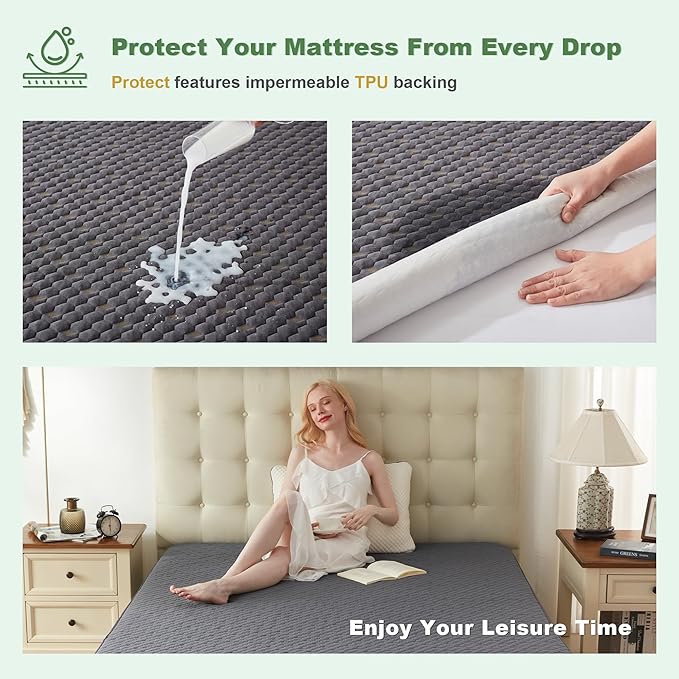 Waterproof Mattress Protector, Queen Size Mattress Pad Fitted 6"-18" Deep Pocket, 3D Air Fabric Breathable Bed Mattress Cover Noiseless Washable for Bedroom, Hotel(Carbon Gray)