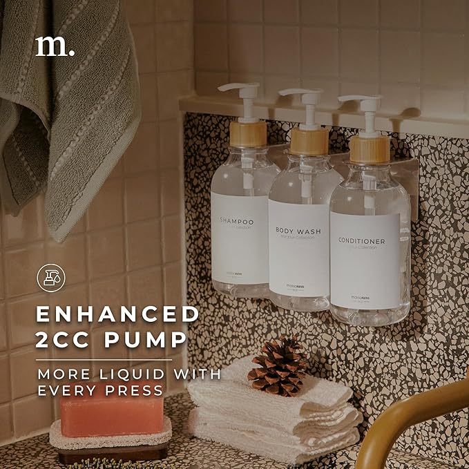 MaisoNovo Shampoo and Conditioner Dispenser - Shower Soap Dispenser Wall Mounted - 16.9 fl oz Set of 3 Clear Plastic Bottles White Bamboo Pump - Shampoo Dispenser, Shower Dispenser 3 Chamber No Drill
