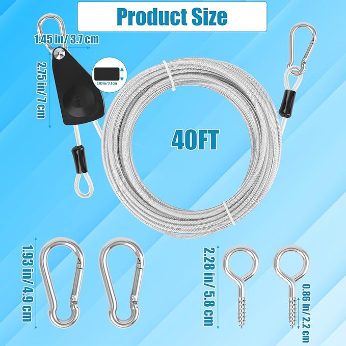 20FT/ 40FT Retractable Travel Clothesline, Adjustable Outdoor Clothesline Drying Clothes Line Laundry for Travel Camping, with Ratchet Pulley/ 2 Screws/ 2 Buckles (Black+Silver, 236, Inches)