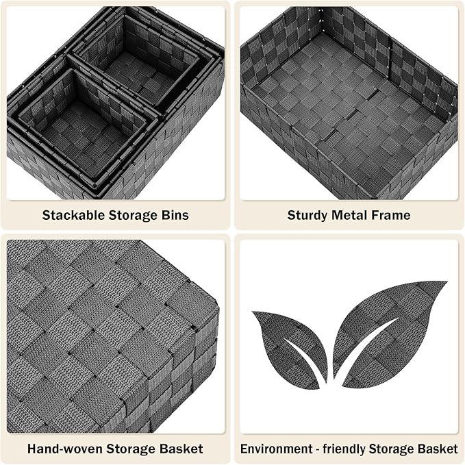 Woven Storage Baskets, Storage Bins, Cube Basket Container Baskets Storage Boxes Organizers for Clothes /Shelves/ Closet, Set of 6 (Black)