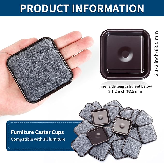 Ezprotekt 2 1/2" Square Reusable Felt Furniture Caster Cups with Carpet Bottom, 16 Pcs Felt Furniture Sliders Floor Protectors Pads to Protect Hardwood, Tile or Floors from Scratches (Brown/Gray)