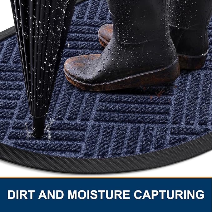 Smiry Half Circle Front Door Mat Outside Entrance, Heavy Duty Outdoor Indoor Natural Rubber Doormat, Non Slip Trap Dirt and Moisture Easy Clean Low Profile Patio Porch Entryway Mat, 29.5x17, Navy Blue