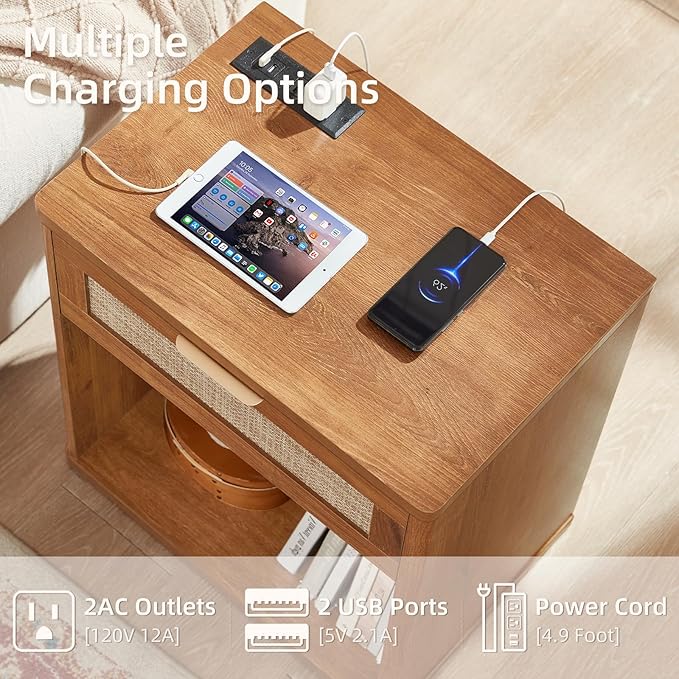 LEYAOYAO Rattan Nightstands Set of 2 with Charging Station, Natural Wood Night Stand with Drawer, 23" Wide Boho Bedside Table Open Cabinet, Bed Side Table Dresser for Bedroom, Living Room, Entrance