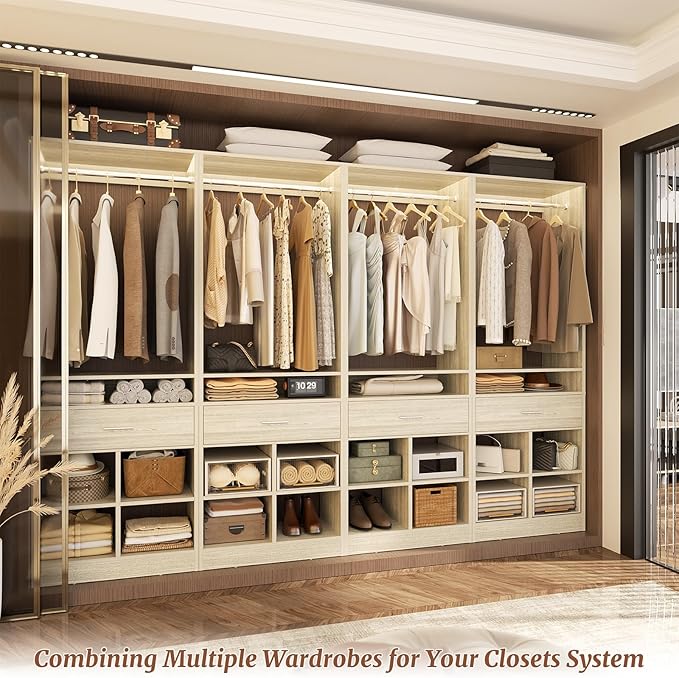 Unikito Freestanding Closet System with Wood Drawer and 4 Cubby Storage, Closet Organizer with Hanging Rods & Shelves, 25‘’W X 80'' H Clothes Garment Rack, Walk in Closet Tower Wardrobe, White Oak