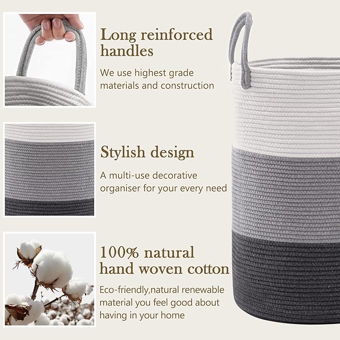 YOUDENOVA Woven Rope Laundry Hamper Basket, 58L Tall Luandry Basket, Baby Nursery Hamper for Blanket Storage, Clothes Hampers for Laundry in Bedroom-Large-Dark Grey
