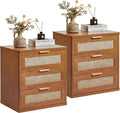 LEYAOYAO Rattan Night Stand Set of 2 with Drawers, 23" Large 3 Drawer Boho Nightstand, Natural Wood Bedside Table Storage Cabinet, Bed Side End Tables Dresser for Bedroom, Living Room, Hallway, Closet