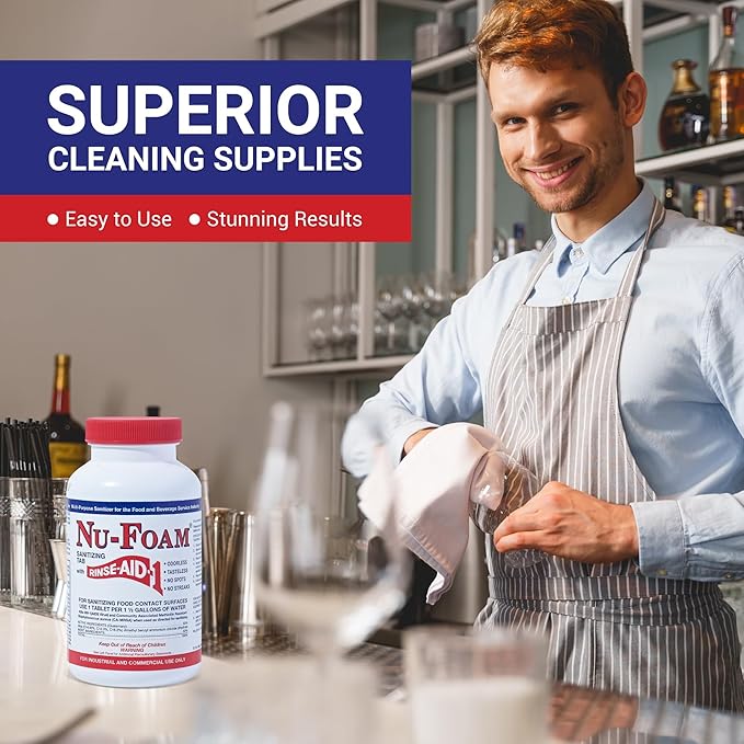 Nu-Foam Sanitizing Tablets for Bar Glassware – Superior Rinse Aid - Hand Washing Bar, Tavern, Brewery Supplies - Spotless Serving Glasses - 6 Jars 600 Tablets/ 3600 Quarts (6 Pack 600 Tablets)