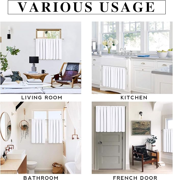 RYB HOME Blackout Curtains for Kitchen, Over Sink Privacy Curtains Window Decor, Thermal Insulating Drapes for Bathroom Cafe Bedroom Small Window, W 42 x L 24 inch, Pure White, 2 Panels