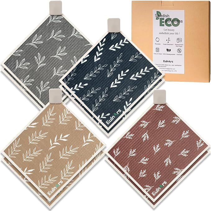 Swedish Dishcloths, 8 Pack Reusable Paper Towels with Clips, Quick Drying Dish Towels, Super Absorbent Cellulose Sponge Cloths, No Odor, Kitchen Cleaning Essentials