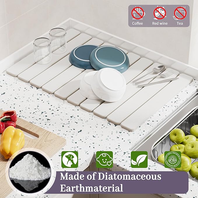 Large Stone Dish Drying Mats for Kitchen Counter – Foldable Quick Dry Stone Mat with Non-Slip Pad & Sandpaper, Super Absorbent Diatomaceous Earth Mat for Dishes and Cups(White 23.5"x15.5")