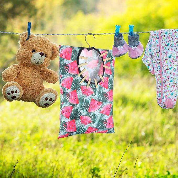 2 Pcs Watermelon Clothespin Bag with Hanging Hook 15 X 11 Inch Watermelon Laundry Canvas Clothes Pin Holder Waterproof Clothespin Bag Clothespin Storage Organizer with A Large Opening (Watermelon)