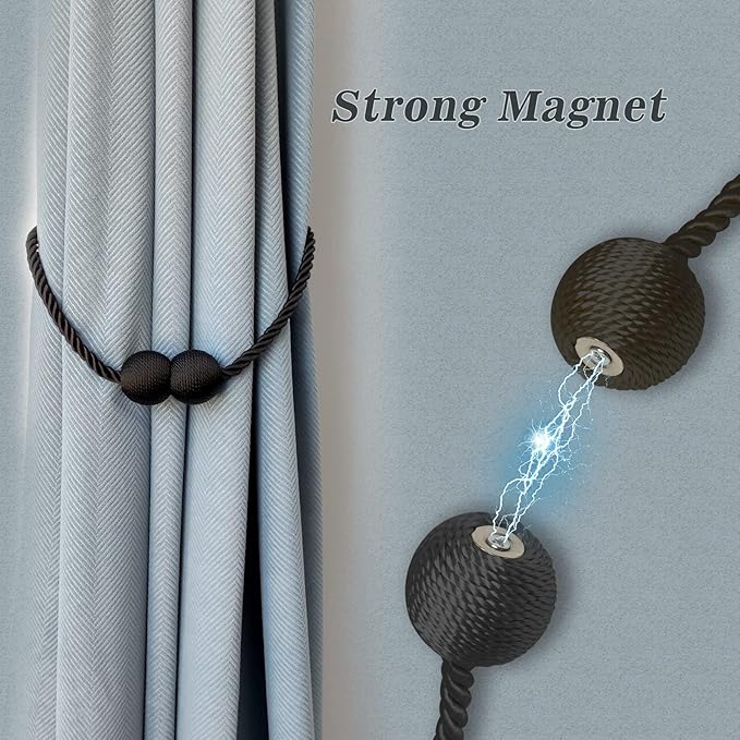 Hion Magnetic Curtain Tiebacks 4 Pack, Nickel-plated Metal and Polyester, Black