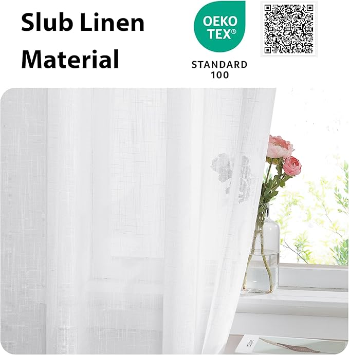 NICETOWN French Door Curtain Panel Linen Look Classroom Window Shade Sidelight Filtering 72 Inches White Sheer Curtains for Front Doors with Tieback, 36 Inches Wide, Sold in 1 PC