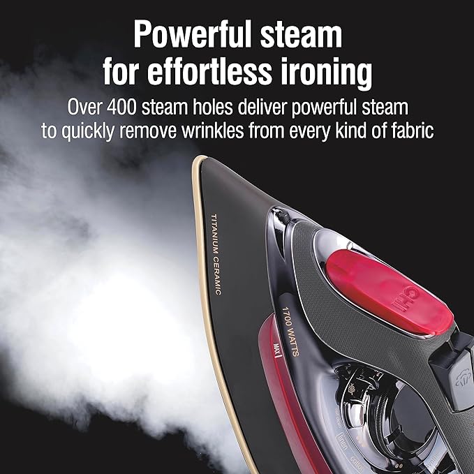 CHI Steam Iron for Clothes with 8’ Retractable Cord, 1700 Watts, 3-Way Auto Shutoff, 400+ Holes, Professional Grade, Temperature Control Dial, Titanium Infused Ceramic Soleplate, Black/Chrome (13109)