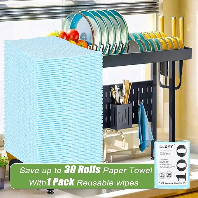 100 Count Disposable Cleaning Towels and Dish Cloths,Super Absorbent Dishcloths,Multi-Surface Cleaning Wipes for Kitchen Dishes, Windows, Bathroom (Blue)