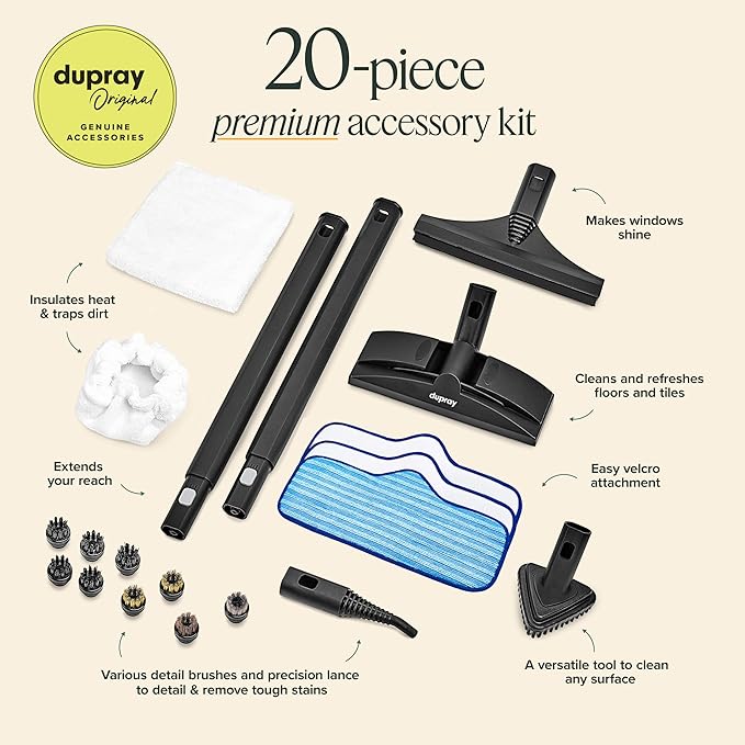 Dupray Neat Steam Cleaner with 20-piece Accesory Kit. For Multipurpose steam Cleaning Hardwood, Tile, Laminate and Sealed Floors, Couch, Furniture and more. *Kills 99.9% of Bacteria & Viruses