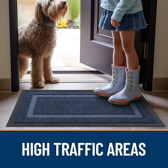 OLANLY Front Door Mat Indoor Outdoor Entrance, Waterproof All-Season, All-Weather Doormat, Sturdy Natural Rubber, Fade Resistant, Low Profile, Easy Clean Patio Porch Entryway Mat, 71x47, Blue