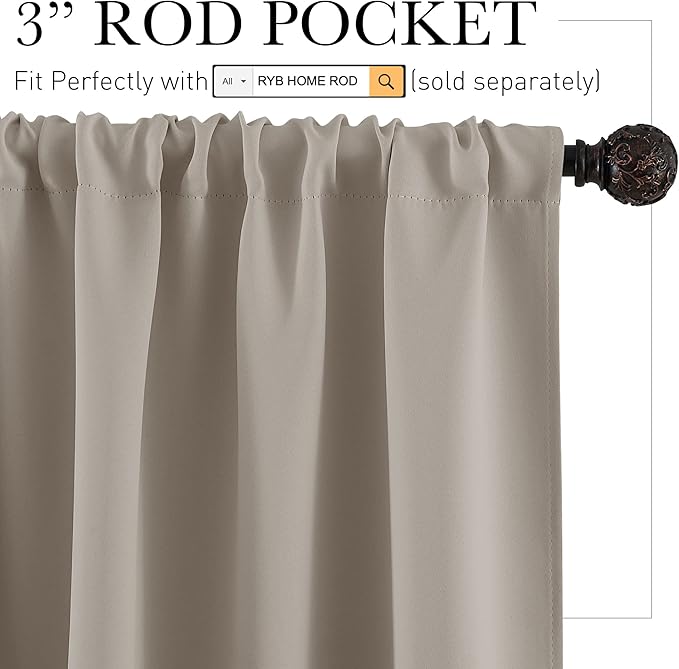 RYB HOME Bathroom Window Curtains - Super Soft Blackout Privacy Curtains for Baby Nursery Bedroom Basement Garege Workshop Kitchen Dining Living Room, W 29 x L 30, Sand, 2 Pcs