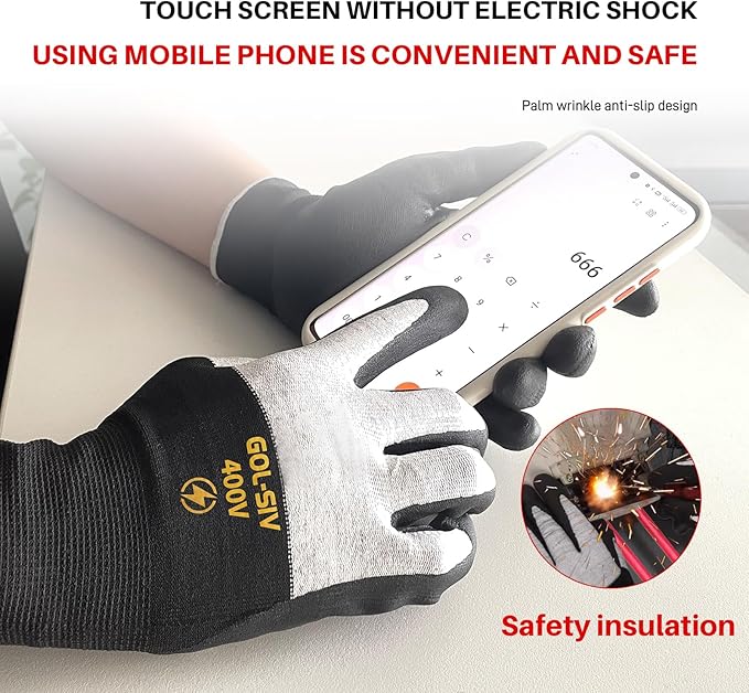 400V Electrician Gloves - Insulated Electrical Gloves For Electrician,Flame Retardant,Rubber Safety Non Slip Work Gloves,Low Voltage,Touch Screen (Black,Large)