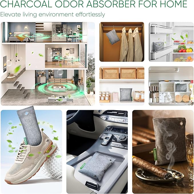 Activated Charcoal Odor Absorber, Large 10 Pack w Hooks Nature Odor Remover for Strong Odor, Bamboo Charcoal Air Purifying Bags, Odor Eliminator for Home Car Closet Pet, Smoke Deodorizer