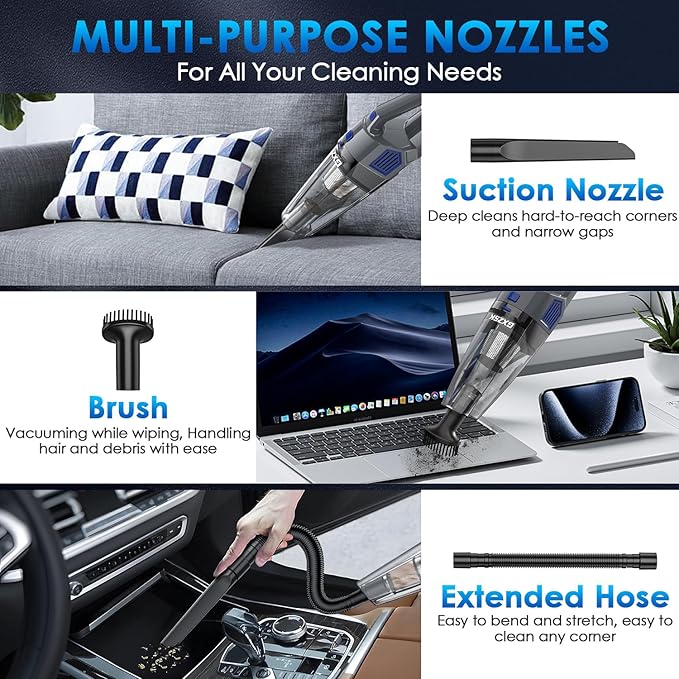 Handheld Vacuum Cordless, 15000PA Strong Suction Hand Held Car Vacuum Cleaner Rechargeable, Portable Hand Vacuum with Multi-Nozzles & Washable Filter for Home Office, Car, Pets