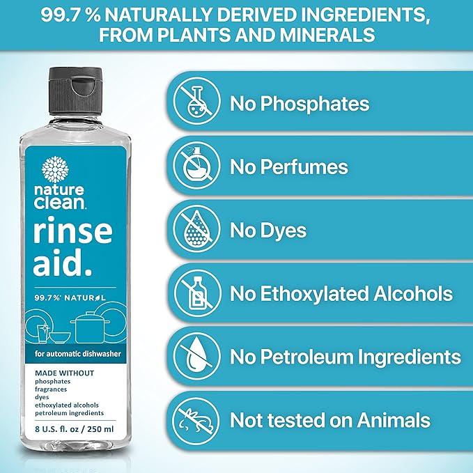 Nature Clean Natural Dishwasher Rinse Aid Liquid, Plant-Based Dishwasher Drying Agent with 99.7% Natural Ingredients, Unbelievable Power and No Nasty Chemicals. Hard Water Stain Remover. 8 oz 2-pack