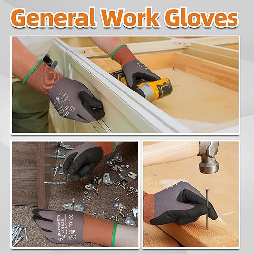 Schwer 12 Pairs Safety Work Gloves with Sandy Nitrile Coating , A1 Cut Resistant Heavy Duty Working Gloves with Grip for Men and Women, Ideal for General Use, Mechanic, Construction, Gardening, L