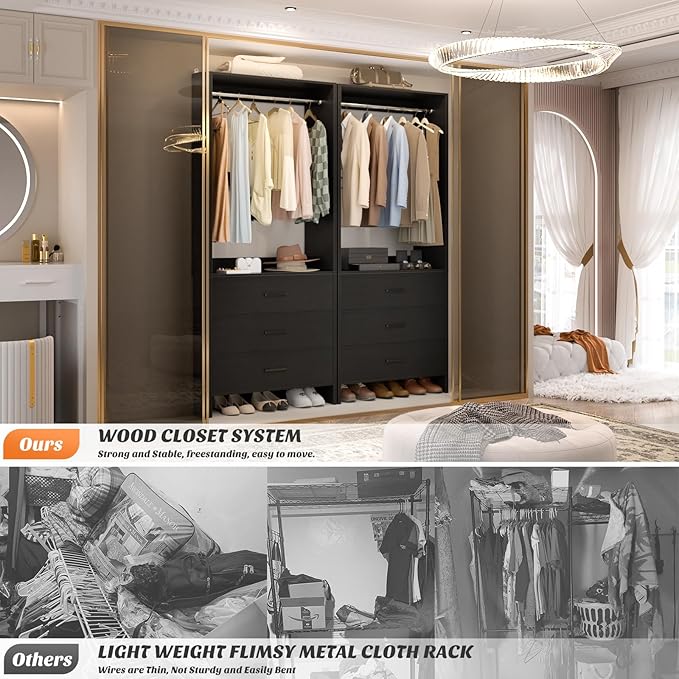 Aheaplus 2FT Closet System with 3 Drawers, 24’’ Closet Organizer, Wood Closet Organizer System, Walk-in Closet or Small Closets Wardrobe, Clothes Rack with Hanging Rods,-E7, Black