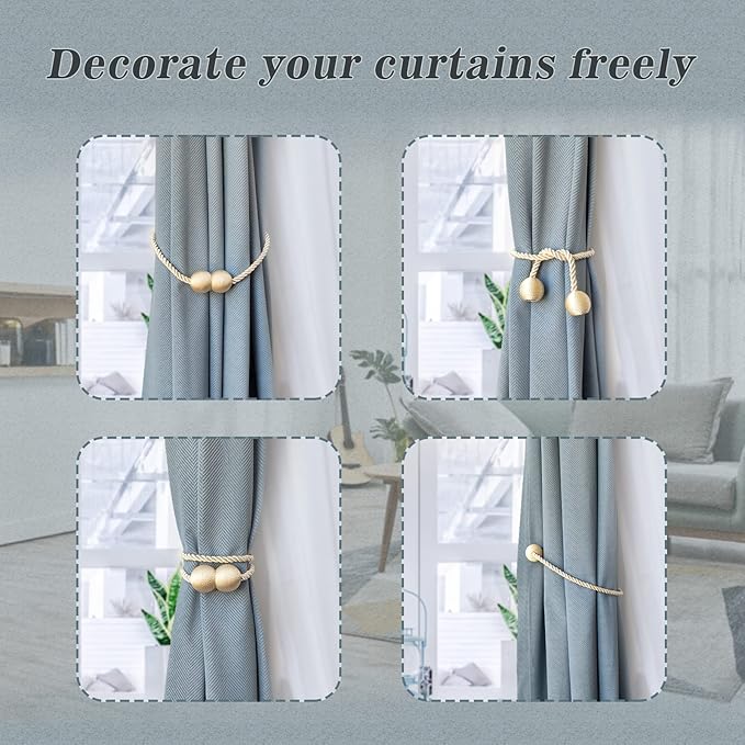 Hion Magnetic Curtain Tiebacks Beige 4 Pack, Curtain Tiebacks Buckles Holdbacks Holders Hooks Clip for Home Bedroom Office Decorative Thick or Thin Curtain