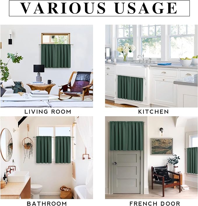 RYB HOME RV Curtains Blackout - Thermal Insulating Privacy Door Windows Camper Curtains for Kids Nursery RV Bunk Bedroom Windows Bathroom, Width 29 x Length 24, Dark Green, 2 Pcs