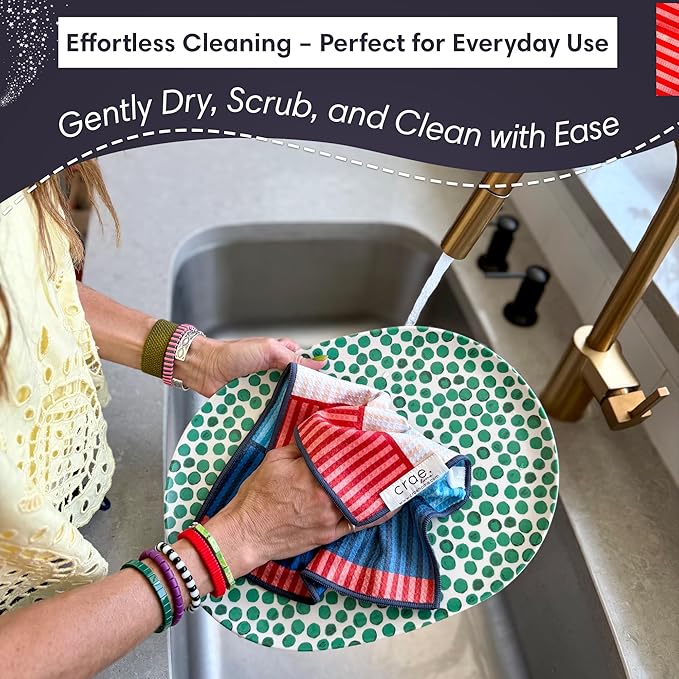Microfiber Hand Towel & Washcloth Set of 2 - Double-Sided, Waffle Weave, Super Absorbent, Lint-Free, Fast Drying - Stars & Stripes Pattern for Bathroom, Kitchen, Car, and Window Cleaning