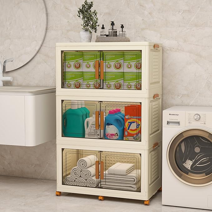 Plastic Stackable Storage Bins with Lids and Wheels, Foldable Closet Organizers and Storage Containers for Bathroom, Collapsible Clear Drawer Storage Cabinet with Doors White 38Gal 3Tiers