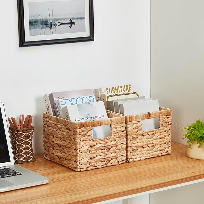 Water Hyacinth Wicker Basket, Decorative Woven Baskets with Built-in Handles, Hand-woven Storage Organizer for Organizing Pantry, Livingroom, Bedroom, Shelves, Toilet(2-PACK, Natural)