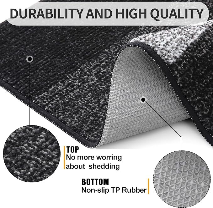 Kitinjoy Indoor Outdoor Door Mat, 48x32 Non-Slip Absorbent Dirt Trapper, Low-Profile Washable Inside Entrance Front Floor Mat, Sturdy Soft Entry Doormats for Entryway, Black