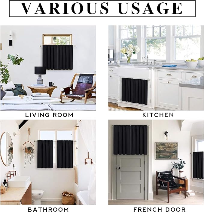 RYB HOME Small Window Curtains Blackout - Privacy Energy Saving Insulating Curtains Blinds for Bedroom Bathroom Basement Kids Nursery Kitchen, W 34 x L 48 inches, Black, 2 Panels
