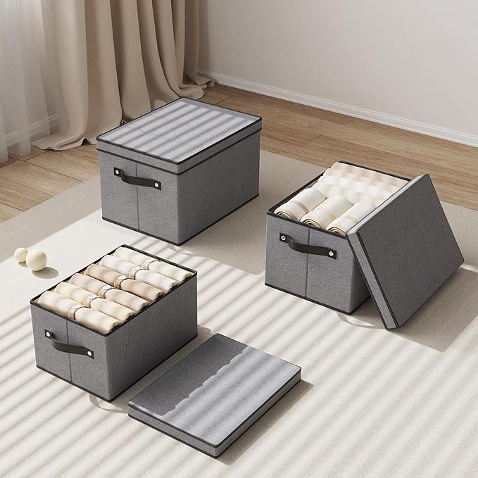 Clothing Storage Bins, Blanket Baskets for Shelves, Fabric Cubes with Handles and Lids, Decorative Linen Closet Organizers Boxes, Gray, 5 Pack, 16.5 x 11.8 x 10.2 Inch
