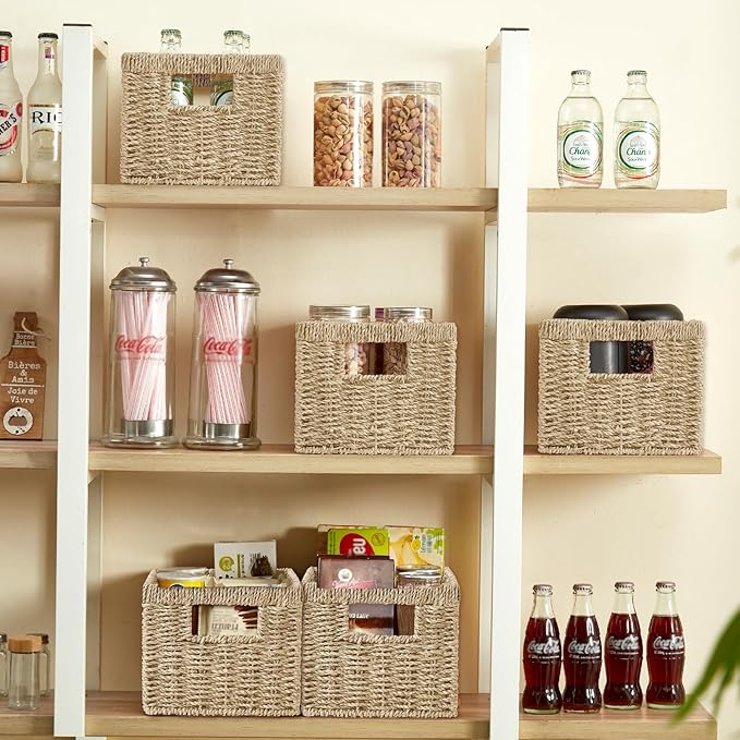 Seagrass Wicker Basket, Decorative Woven Baskets with Built-in Handles, Hand-woven Storage Organizer for Organizing Pantry, Shelves, Laundry, Livingroom, Bedroom, Toilet(2-PACK, Natural)