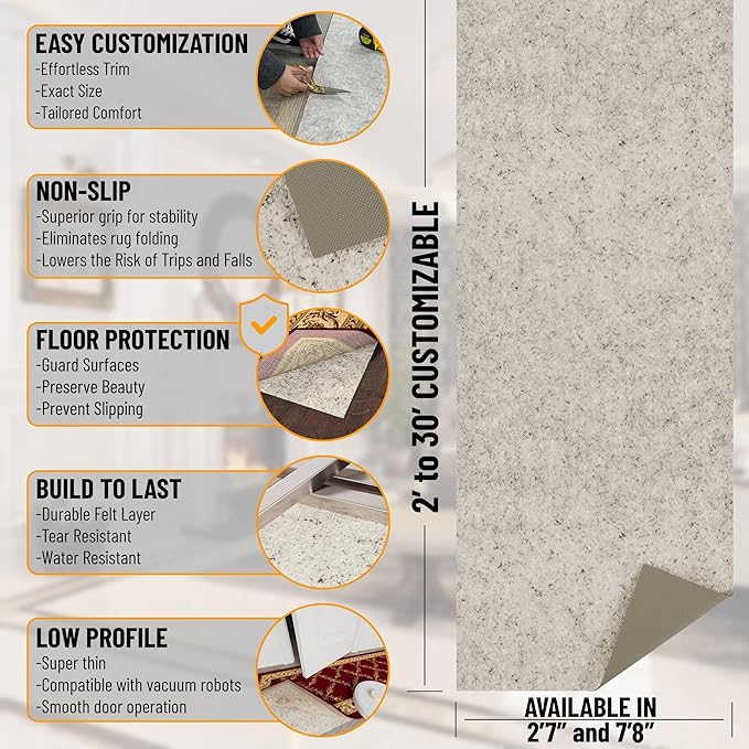 Ottomanson 5' x 7'8" Non-Slip Rug Pad Gripper 1/12 Inch Ultra Thin Dual Surface Felt + Rubber Gripper - Safe for All Floors, Cream