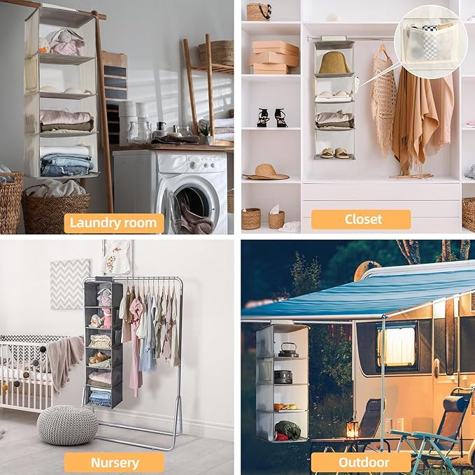 2 Packs Hanging Closet Organizer Storage, 6-Shelf Hanging Shelves Clothes Organizer and Storage with Side Pockets, Beige