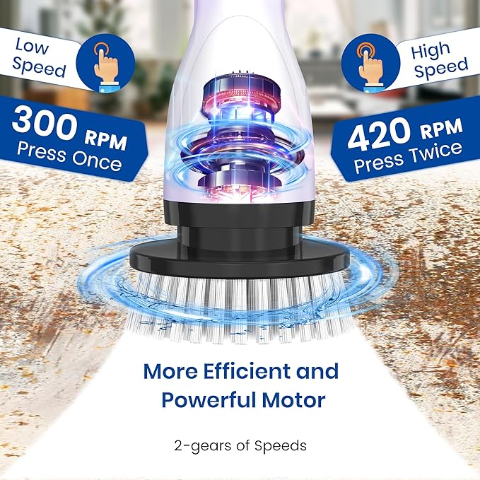 Electric Spin Scrubber, Full-Body IPX7 Waterproof Cordless Shower Scrubber with 8 Replaceable Heads, Upgraded Extension Handle, 2H Work Time, 2 Speeds for Bathroom Shower Tile Glass