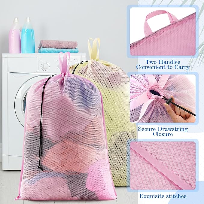 6 Pack 24 x 36 Inches Colorful Mesh Laundry Bag with Handles Machine Washable Secure Drawstring Closure Large Sturdy Mesh Net Laundry for College Travel Dorm Laundromat