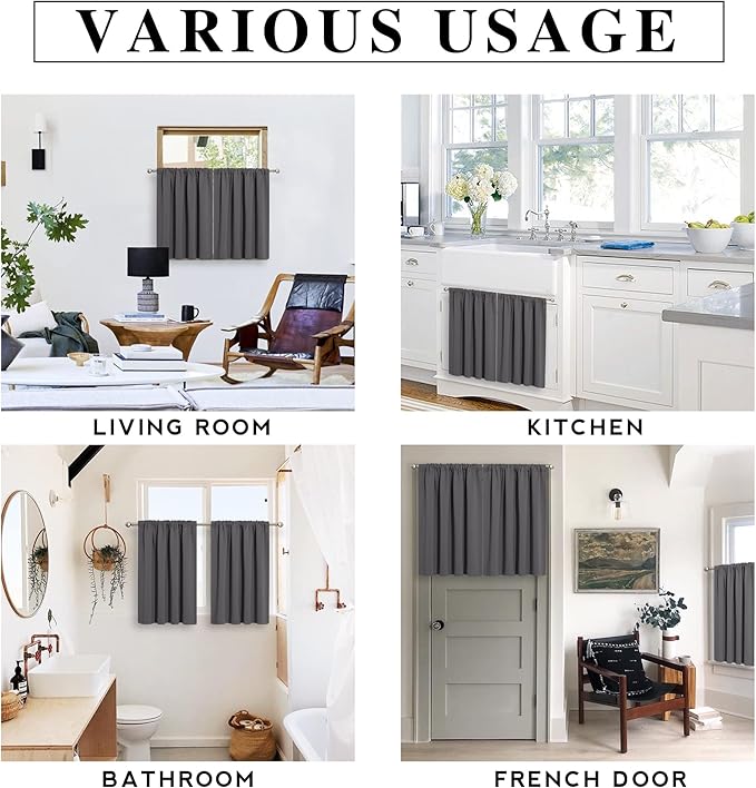 RYB HOME Short Blackout Curtains for Kitchen, Solid Half Window Treatment for Bedroom Energy Saving Privacy Shade for RV Camper Bathroom Basement, W42 x L30 inches, Grey, 2 Panel Set