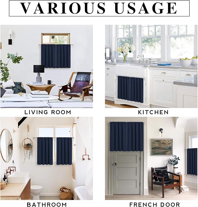RYB HOME Bathroom Window Curtains - Super Soft Blackout Privacy Curtains for Baby Nursery Bedroom Basement Garege Workshop Kitchen Dining Living Room, W 29 x L 30, Navy Blue, 2 Pcs