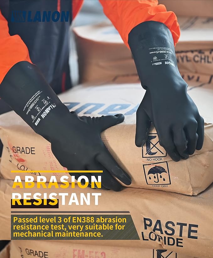 LANON Rubber Chemical Resistant Gloves, Reusable Heavy-duty Safety Work Gloves, Acid & Alkali Protection, Non-Slip, XX Large