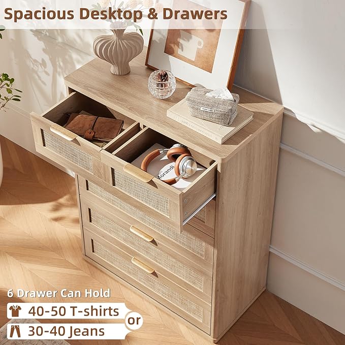 LEYAOYAO Rattan Dresser for Bedroom, 42" Tall Chest of Drawers, Modern 6 Drawers Boho Dressers with Storage, Light Oak Dresser Wooden Closet Organizer for Living Room, Hallway, Natural Wood
