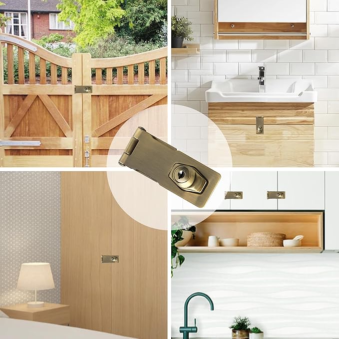 Alise Keyed Hasp Lock,4 Inch Safety Packlock Clasp Hasp Lock Latch with Lock,Door Hinge Lock with Keys Keyed Locking Hasp for Cabinets Closets Doors,Bronze