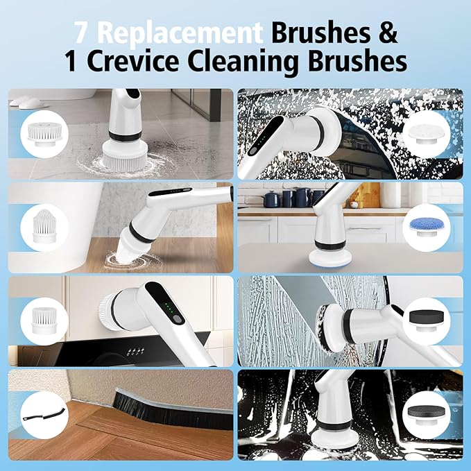 WKY-Electric Spin Scrubber - Upgraded 12-in-1 IPX7 Waterproof Shower Cleaner Brush, Retractable Handle & 2-Speed for Bathroom, Bathtub, Kitchen, Tile Floors