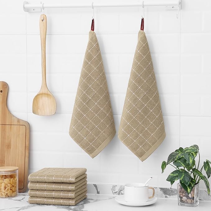 Homaxy 100% Cotton Terry Kitchen Dish Cloths, Ultra Soft and Absorbent Dish Towels for Kitchen, Perfect for Drying and Washing Dishes, 8 Pack, 12 x 12 Inches, Tan