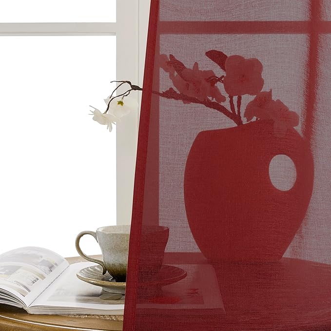 Tollpiz Sheer Door Curtain Closet Linen Textured Curtains Sheer Doorway Light Filtering Voile Patio Glass Door Rod Pocket Curtain French Door, 54 x 72 inches Long, Burgundy Red, Set of 1 Panel